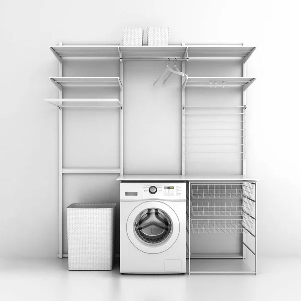Interior da lavanderia doméstica com máquina de lavar roupa e prateleiras vazias — Fotografia de Stock