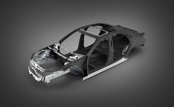 Карбоновий автомобіль з металевими елементами ізольовано на чорному градієнті 3 — стокове фото