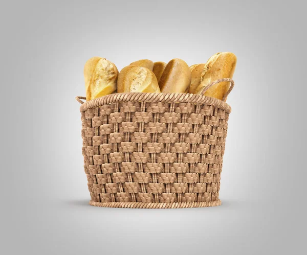 회색 그라데이션 배경 3D에 고립 된 고리버들 바구니에 빵 — 스톡 사진