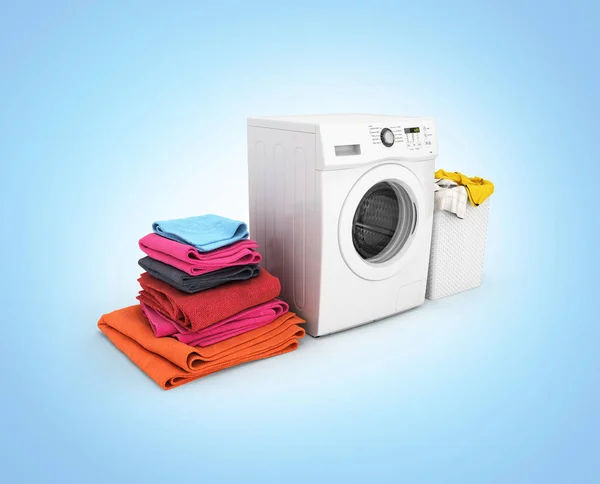 Conceito de roupa de lavar Máquina de lavar roupa com toalhas coloridas a — Fotografia de Stock
