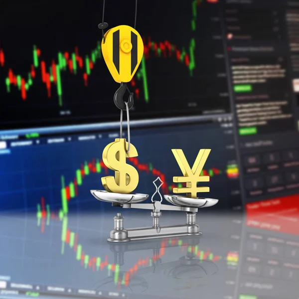 Concept of exchange rate support dollar vs yen The crane pulls t — Stock Photo, Image