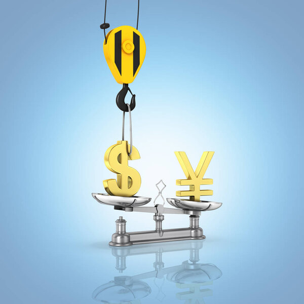 Concept of exchange rate support dollar vs yen The crane pulls t