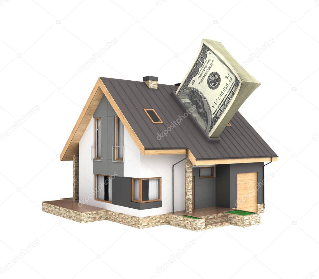 Concept of purchase or payment for housing House with a stack of