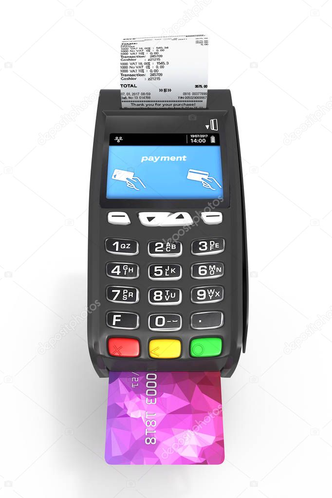 card payment terminal POS terminal with credit card and receipt 