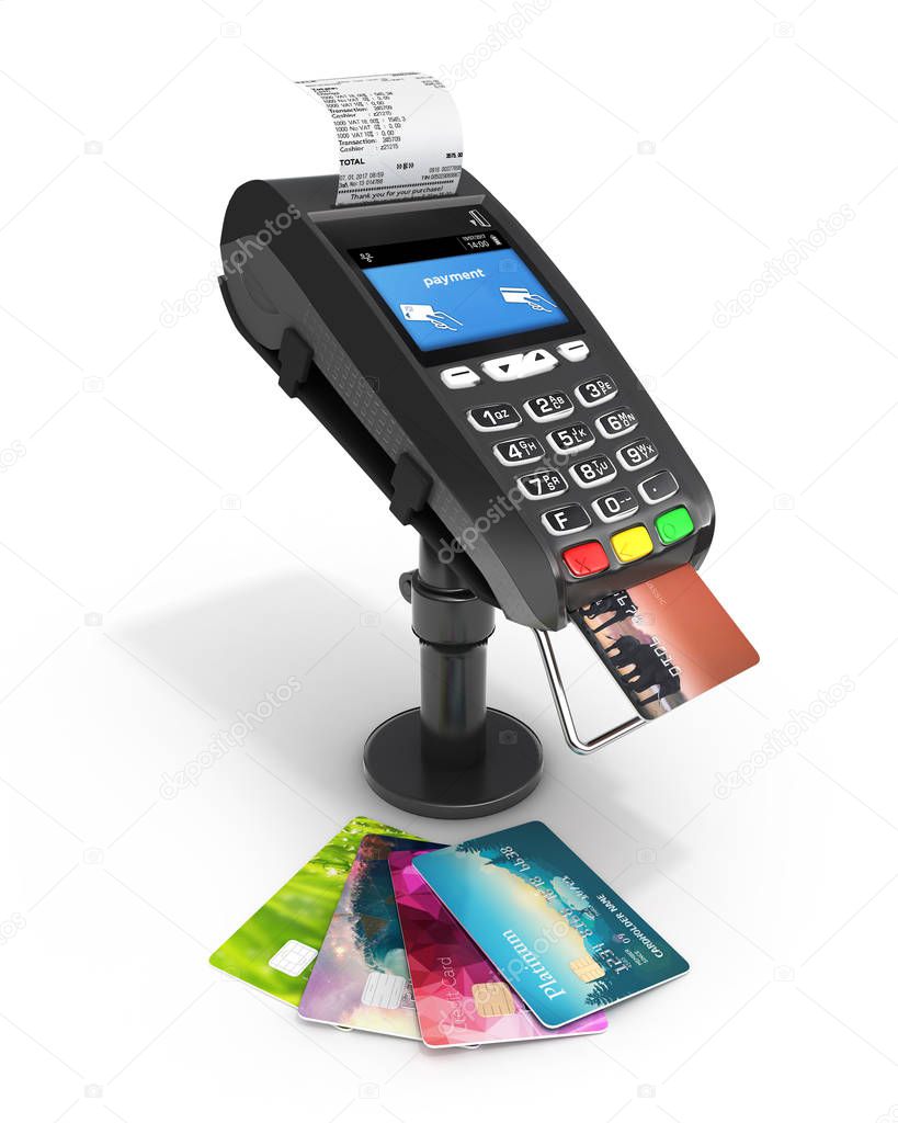 card payment terminal POS terminal with credit cards and receipt