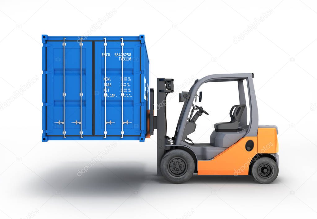 Forklift handling the cargo shipping container side view isolate