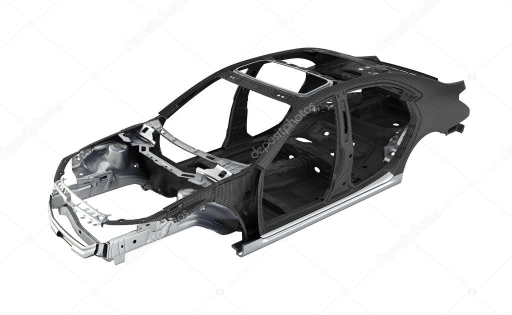 Carbon body car with metal elements isolated on white 3d illustr