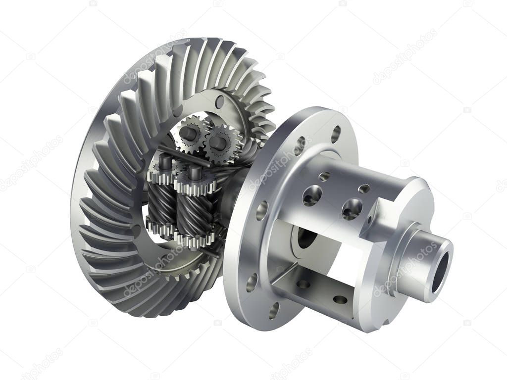 The differential gear in detal on white background 3d illustrati