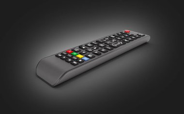 Siyah degrade arka planda yalıtılmış TV uzaktan kumanda 3D rende