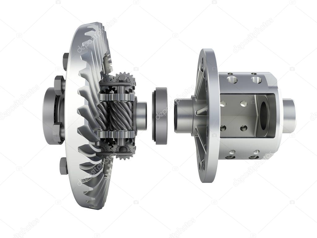 The differential gear in detal on white background 3d illustrati
