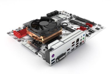 Soğutma sistemi gerçekçi çiplere ve slotlara sahip ana kart beyaz arkaplanda izole edilmiş 3d