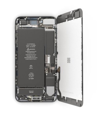 Akıllı telefon beyaz arkaplanda izole edilmiş akıllı telefon bileşenlerinin açık durumda görüntülenmesiName