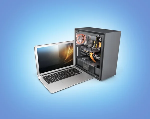 Ноутбук Мощным Настольным Компьютером Изолированным Фоне Синего Градиента — стоковое фото