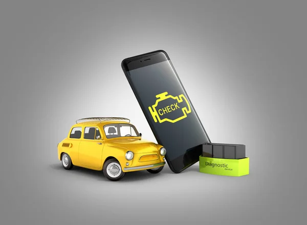Car diagnostic concept Close up of OBD2 wireless scanner with smartphone and retro car on gray gradient background 3d illustration