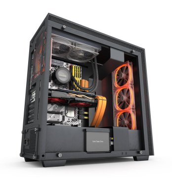 Bilgisayarı kırmızı ışık efektleriyle ve su soğutmalı soğutma sistemiyle beyaz arkaplan 3d render üzerinde aç