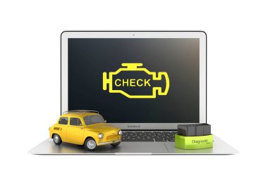 Otomobil tanılama kavramı OBD2 kablosuz tarayıcı ve gölgesiz 3D resimli retro araba ile dizüstü bilgisayarın kapatılması