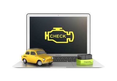 Car diagnostic concept Close up of laptop with OBD2 wireless scanner and retro car on white background 3d illustration without shadow clipart
