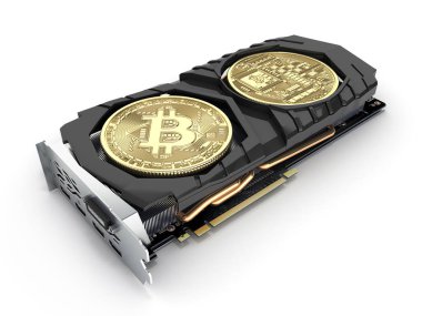 Madencilik için Bitcoin Madencilik Güçlü video kartları ve beyaz arkaplanda izole kripto para birimleri kavramı kazanmak