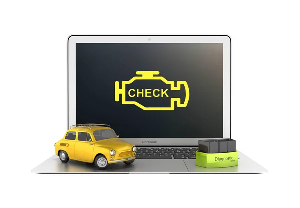 Car diagnostic concept Close up of laptop with OBD2 wireless scanner and retro car on white background 3d illustration without shadow
