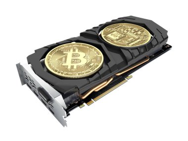 Madencilik için Bitcoin Madencilik Güçlü video kartları ve kripto para birimleri kavramı yalnız beyaz arkaplan 3D gölgesiz görüntüleme