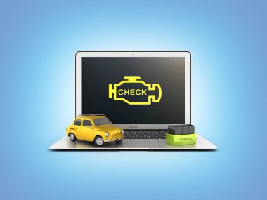 Araba tanılama konsepti OBD2 kablosuz tarayıcı ve mavi gradyan arkaplan 3d illüstrasyonlu retro araba ile dizüstü bilgisayarın kapatılması