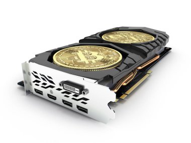 Madencilik için Bitcoin Madencilik Güçlü video kartı ve beyaz arkaplanda izole kripto para birimleri kavramı kazanmak