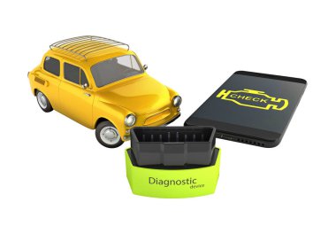 Car diagnostic concept Close up of OBD2 wireless scanner with smartphone and retro car on white background 3d illustration without shadow clipart