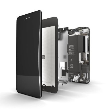 Akıllı telefon beyaz arkaplanda izole edilmiş akıllı telefon bileşenlerinin açık durumda görüntülenmesiName