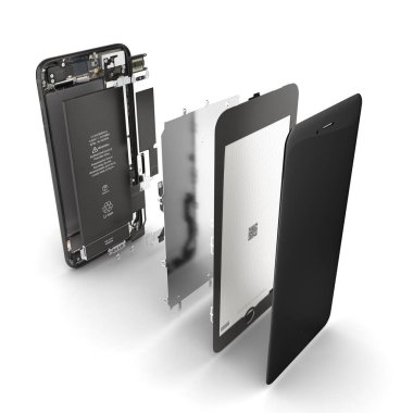 Akıllı telefon beyaz arkaplanda izole edilmiş akıllı telefon bileşenlerinin açık durumda görüntülenmesiName