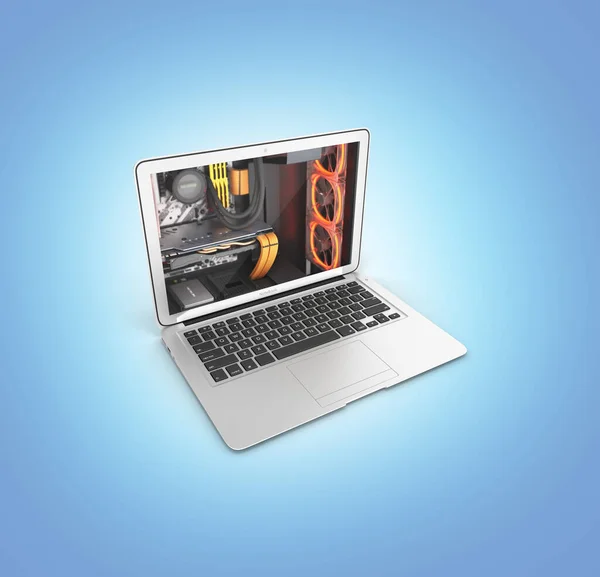 Kraftfull Bärbar Dator Koncept Laptop Med Kraftfulla Datorkomponenter Isolerade Blå — Stockfoto