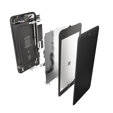 Akıllı telefon beyaz arkaplanda izole edilmiş akıllı telefon bileşenlerinin açık durumdaki canlandırması gölgesiz 3d