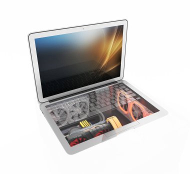 Güçlü dizüstü bilgisayar konsepti. Güçlü bilgisayar bileşenleri beyaz arka planda izole edilmiş. Gölgesiz 3D illüstrasyon.