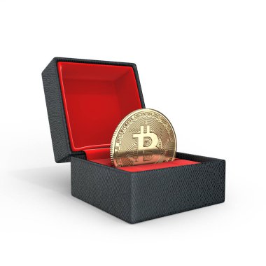 Bitcoin 3 boyutlu izometrik madeni para beyaz arka plan 3 boyutlu bir hediye kutusunda
