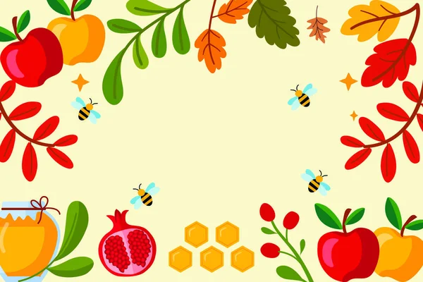 Arkaplanda elma, nar, bal, arı ve sonbahar yapraklı renkli Rosh Hashanah çerçevesi