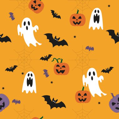 Turuncu arka planda balkabakları, yarasalar, hayaletler ve örümcek ağları olan kusursuz bir Cadılar Bayramı deseni. Eğlenceli ürkütücü tatil tasarımı.