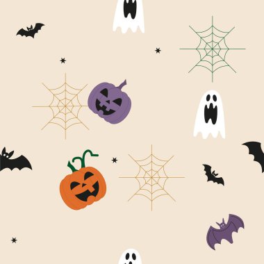 Bej arkaplanda balkabakları, yarasalar, hayaletler ve örümcek ağları olan kusursuz bir Cadılar Bayramı deseni. Sezonluk dekor için şenlikli ürkütücü tasarım