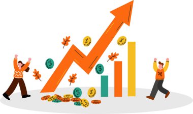 İki mutlu insan, yükselen turuncu bir okun yanında kutluyor. Bozuk paralar, bar çizelgeleri, sonbahar yaprakları. iş başarısı, kâr artışı, ekonomik ilerleme, mali büyüme
