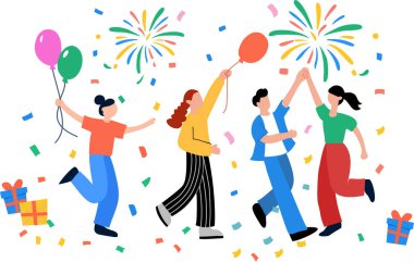 İnsanlar havai fişeklerle, balonlarla, hediyelerle ve konfetilerle kutlama yapıyorlar. Neşeli bir tatil ya da parti havası, dans eden bir grup arkadaş. Yeni yıl, doğum günü ya da festival tasarımı için mükemmel. Beyazda izole edilmiş