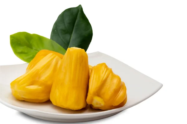 Carne Fruta Amarilla Madura Jaca Plato Blanco Con Hoja Verde —  Fotos de Stock