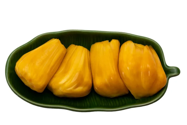 Jackfruit Rijp Geel Vruchtvlees Groene Plaat Geïsoleerd Whi — Stockfoto