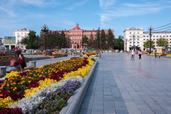 Russia Khabarovsk Agosto 2019 Aiuola Piazza Lenin Sulla Strada Principale — Foto Stock