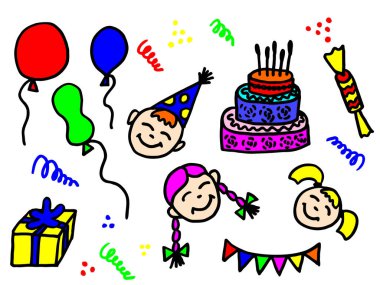 Bir çocuğun doğum günü partisinin temasını vektör resmi olan Doodle tarzında ayarla