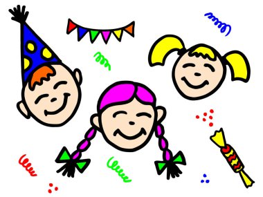 Doğum günlerinde çocukların mutlu yüzleri. Doodle tarzı bir vektörle çizilmiş el çizimi
