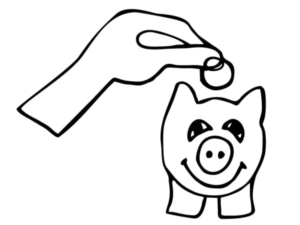 Black White Icon Hand Putting Coins Piggy Bank Concept Saving — Stock Vector