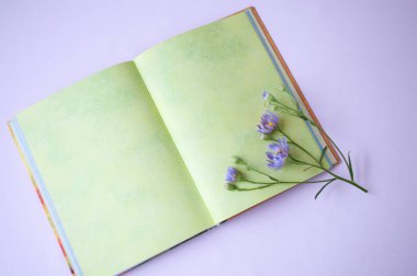 Açık bir Not Defteri üzerinde leylak çiçekleri dalı, metin için bir yer