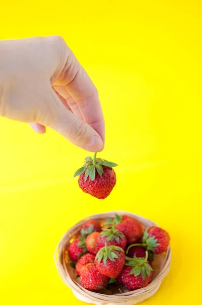 Mano Una Mujer Sostiene Las Fresas Una Canasta Mimbre Sobre — Foto de Stock