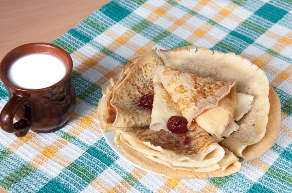 Bir kupa süt ve çilek reçelli krep.