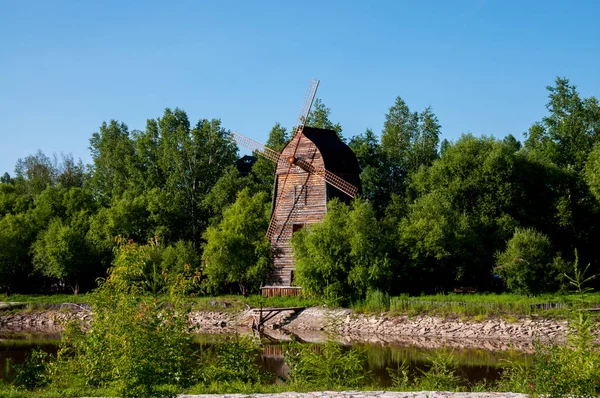 Russian Village Summer Landscape Lake Mill — Stock Photo, Image
