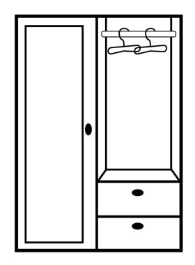 Koridordaki gardırop ikonu, siyah beyaz mobilyalar. Beyaz arkaplanda izole edilmiş vektör resmi