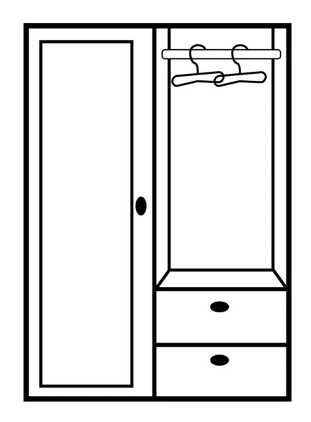 衣柜的图标在走廊上与衣架 家具在黑色和白色 在白色背景上孤立的矢量图像 — 图库矢量图片